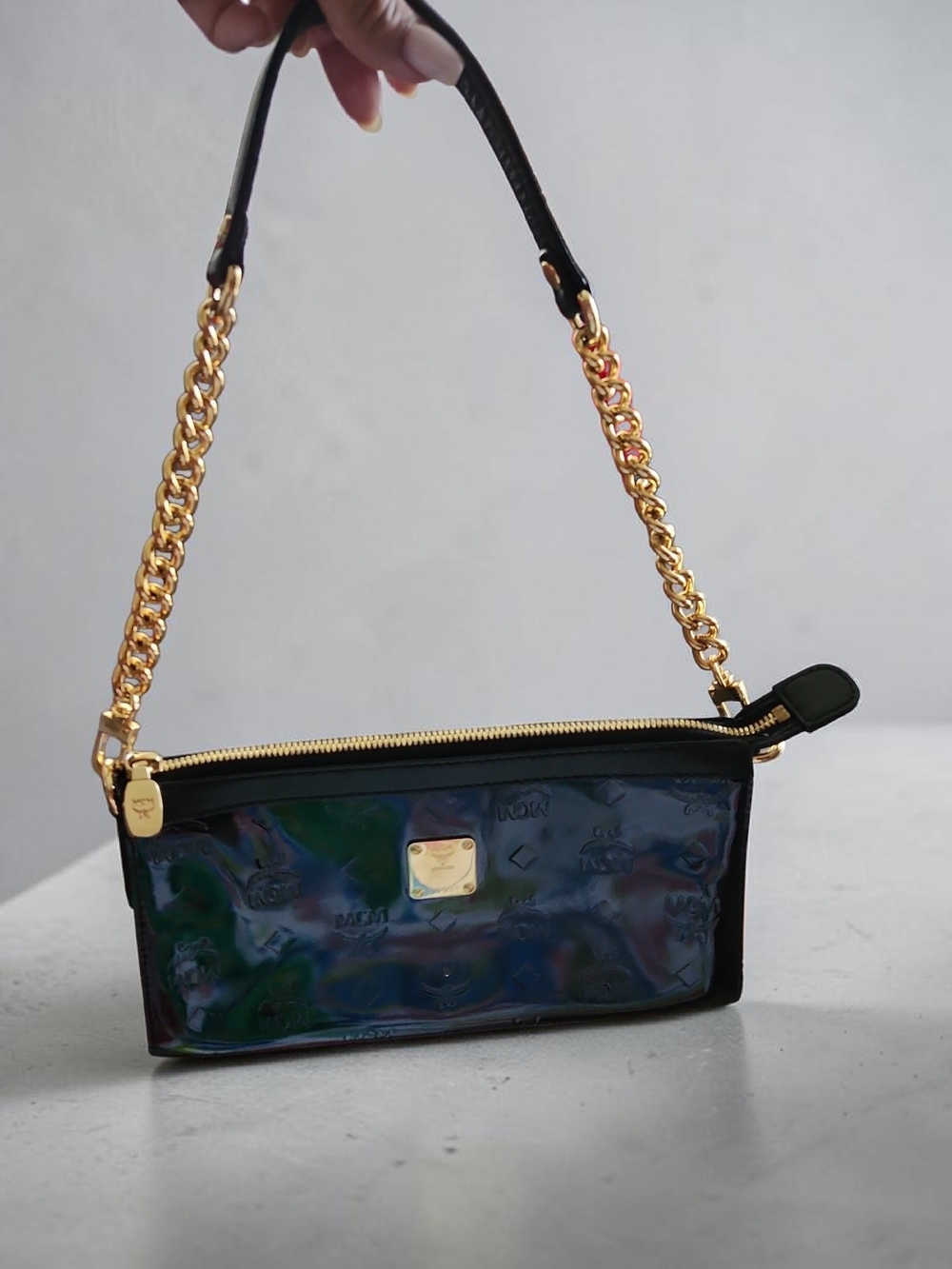 MCM Iridescent Patent Leather Clutch with Gold Chain